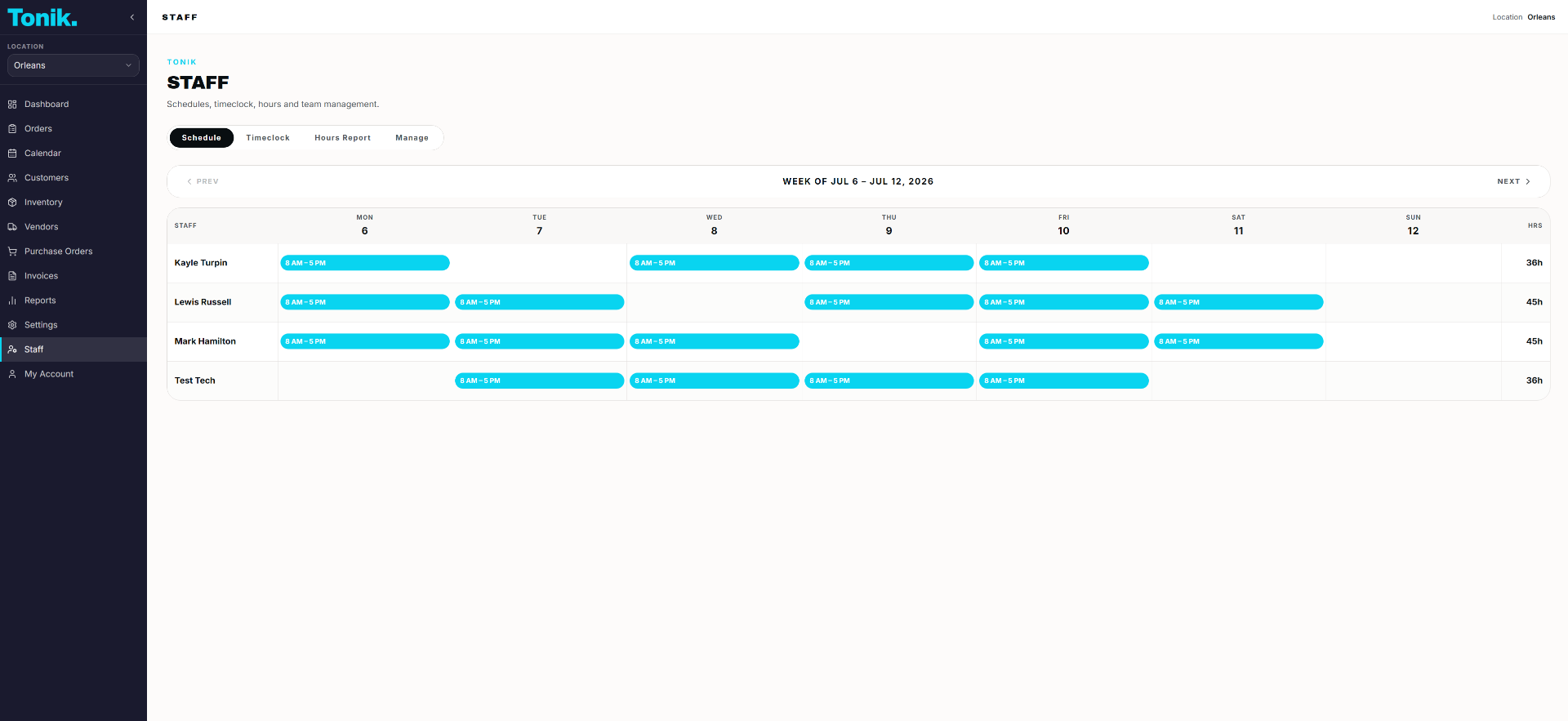 Staff schedule screenshot